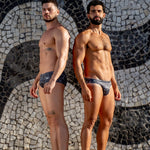 Models wearing Bikini and Classic Caio Brazilian swim brief in Stellar Ash (dark gray)