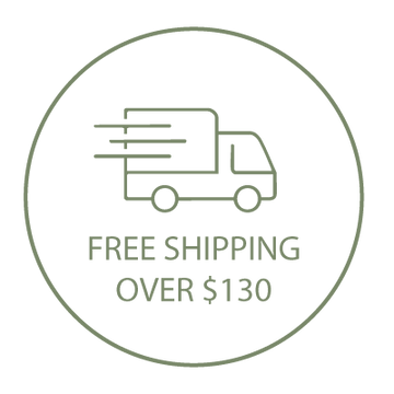 Icon of a delivery truck with a globe, indicating free express shipping on $130+, within a circular outline.