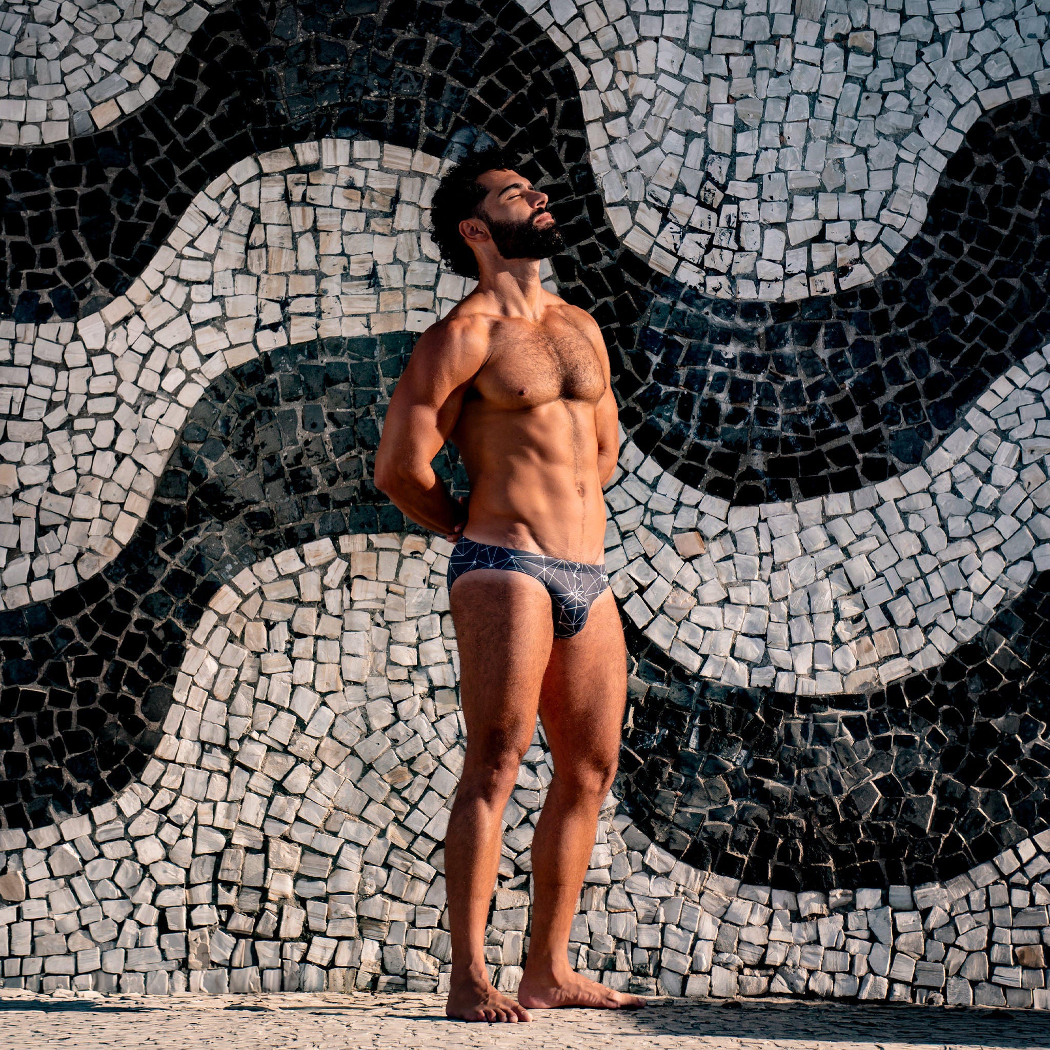 model standing against a mosaic wall with wearing caio bikini stellar ash swim brief